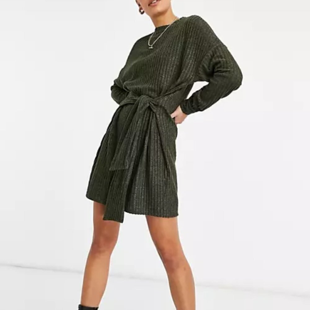 Asos Design Women's Tall Tie Waist Brushed Rib Mini Dress - 14